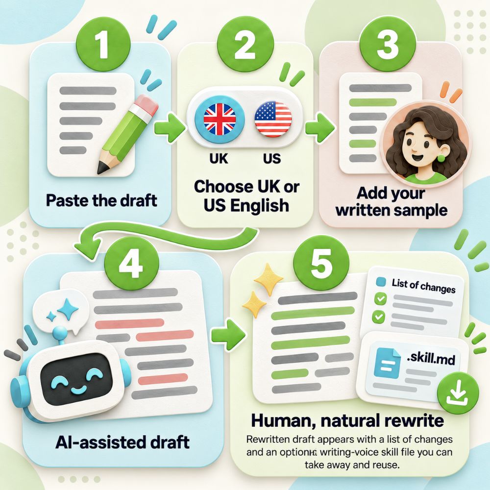 Five-step AI Humaniser workflow: paste the draft, choose UK or US English, add a written sample, then receive a humanised rewrite with a list of changes and an optional reusable writing skill file